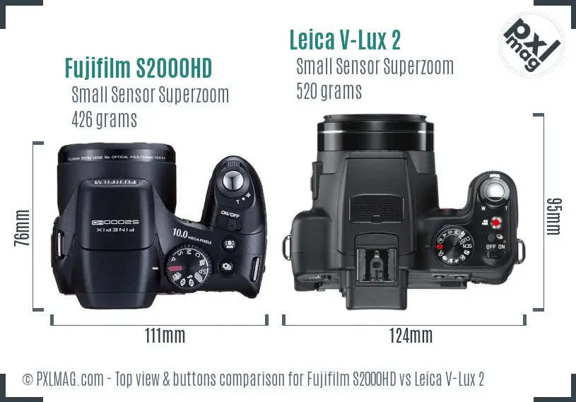 Fujifilm S2000HD vs Leica V-Lux 2 top view buttons comparison
