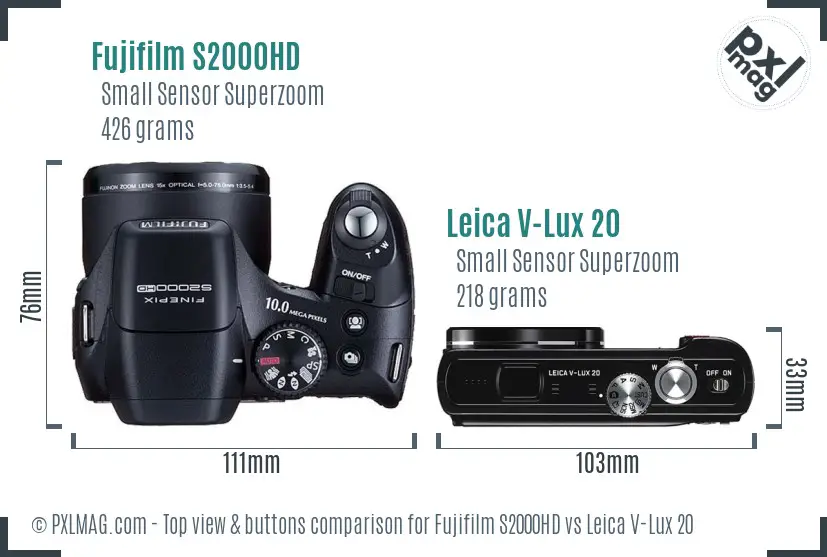 Fujifilm S2000HD vs Leica V-Lux 20 top view buttons comparison Fujifilm S2000HD vs Leica V-Lux 20 top view buttons comparison