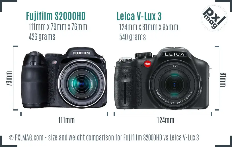 Fujifilm S2000HD vs Leica V-Lux 3 size comparison