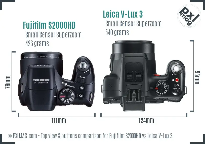 Fujifilm S2000HD vs Leica V-Lux 3 top view buttons comparison