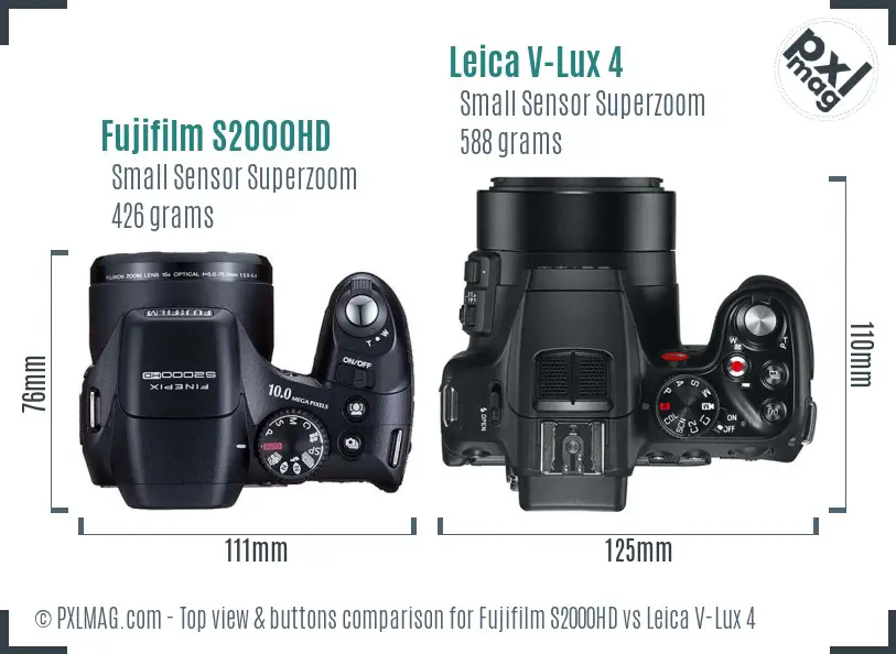 Fujifilm S2000HD vs Leica V-Lux 4 top view buttons comparison