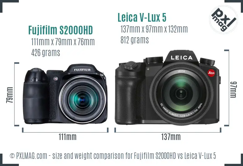 Fujifilm S2000HD vs Leica V-Lux 5 size comparison