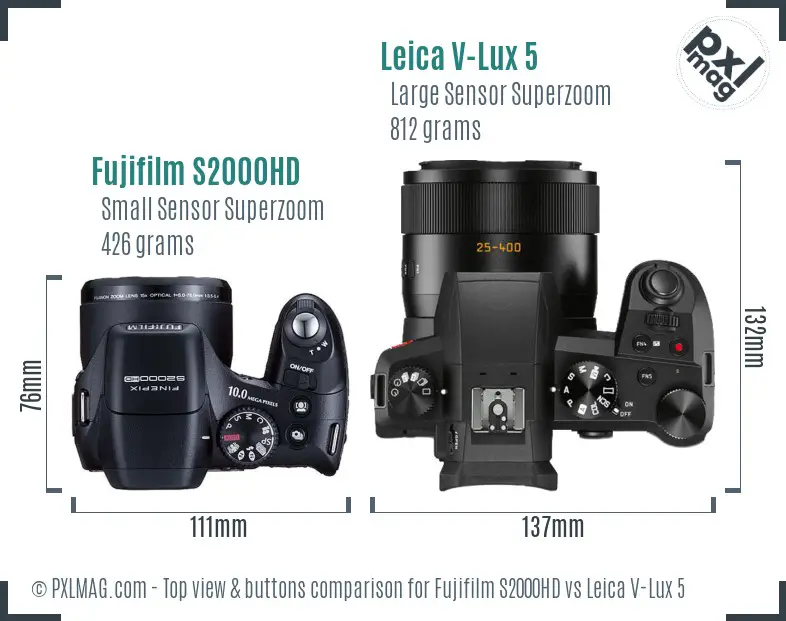 Fujifilm S2000HD vs Leica V-Lux 5 top view buttons comparison