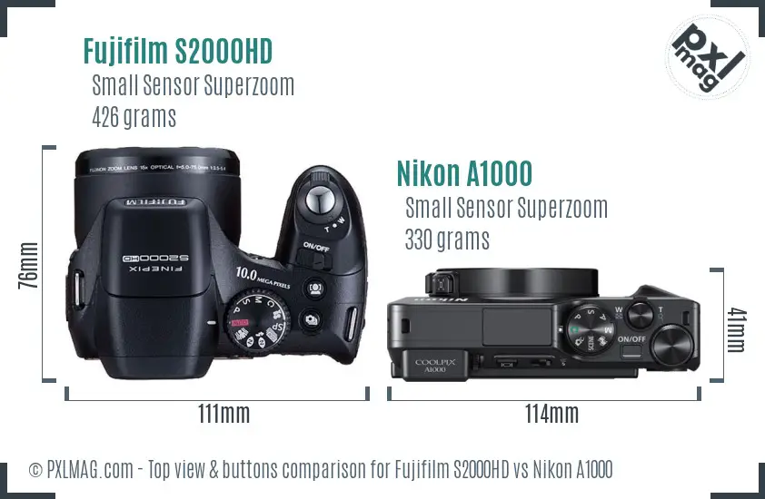 Fujifilm S2000HD vs Nikon A1000 top view buttons comparison