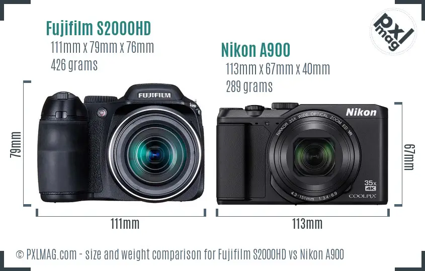 Fujifilm S2000HD vs Nikon A900 size comparison