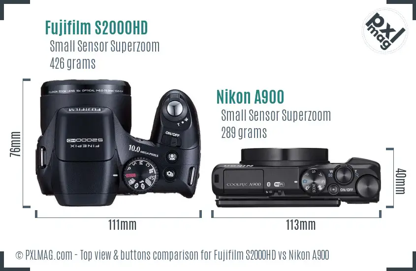 Fujifilm S2000HD vs Nikon A900 top view buttons comparison