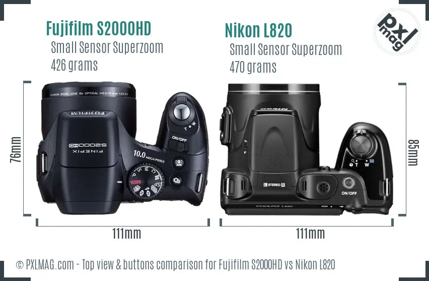 Fujifilm S2000HD vs Nikon L820 top view buttons comparison Fujifilm S2000HD vs Nikon L820 top view buttons comparison