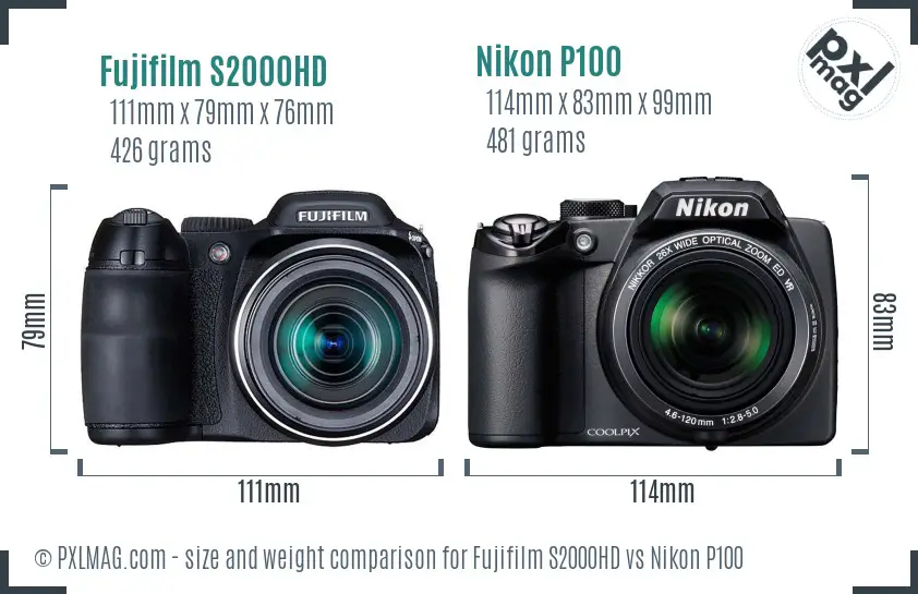 Fujifilm S2000HD vs Nikon P100 size comparison