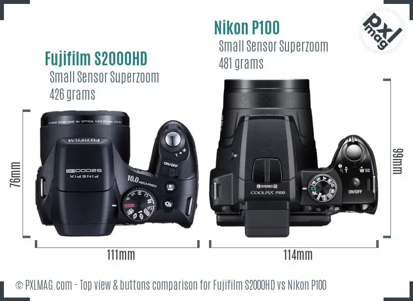 Fujifilm S2000HD vs Nikon P100 top view buttons comparison