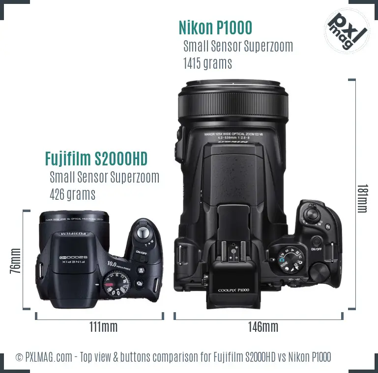 Fujifilm S2000HD vs Nikon P1000 top view buttons comparison