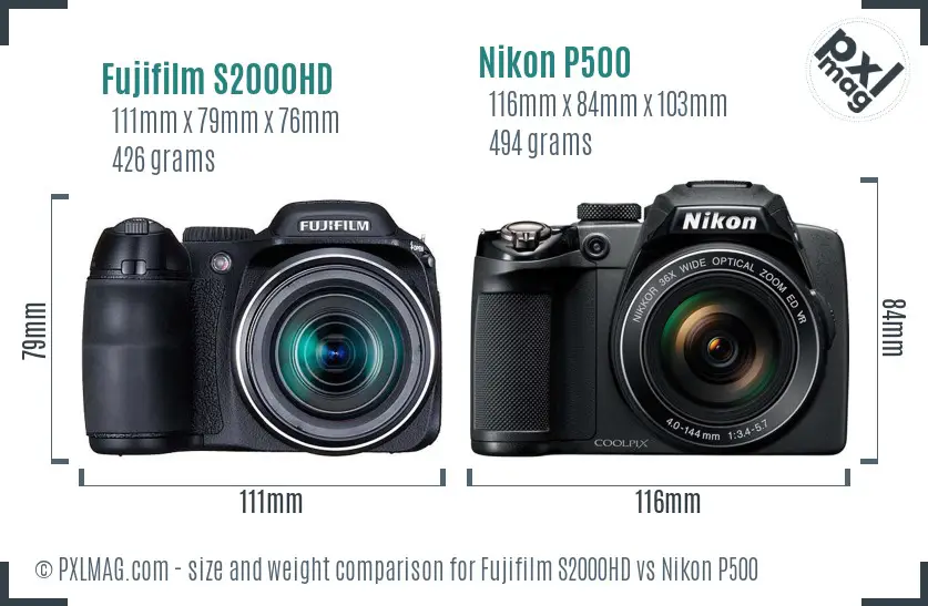 Fujifilm S2000HD vs Nikon P500 size comparison