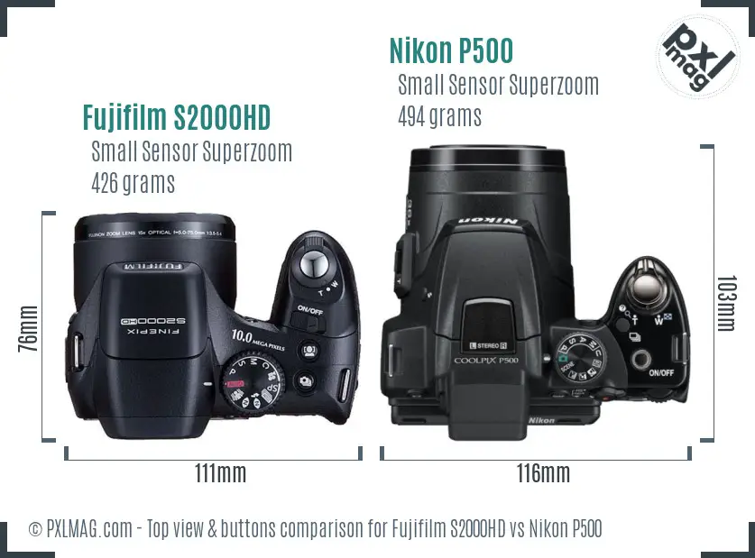 Fujifilm S2000HD vs Nikon P500 top view buttons comparison