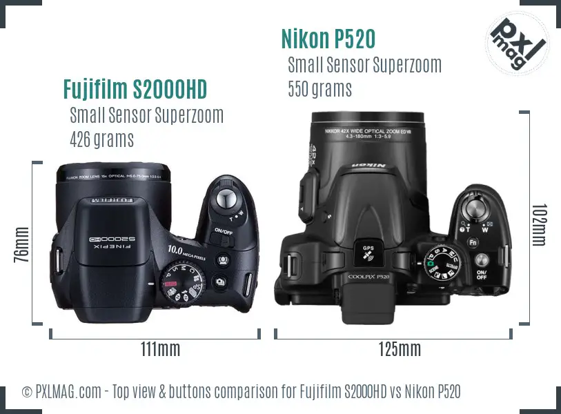 Fujifilm S2000HD vs Nikon P520 top view buttons comparison