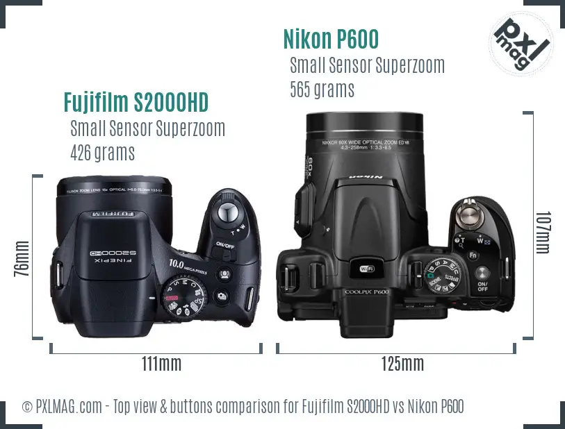 Fujifilm S2000HD vs Nikon P600 top view buttons comparison