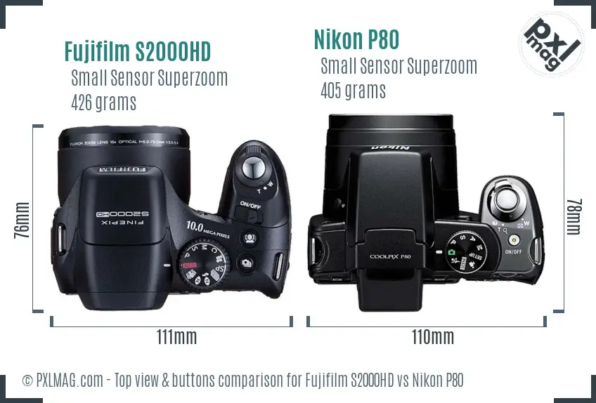 Fujifilm S2000HD vs Nikon P80 top view buttons comparison Fujifilm S2000HD vs Nikon P80 top view buttons comparison