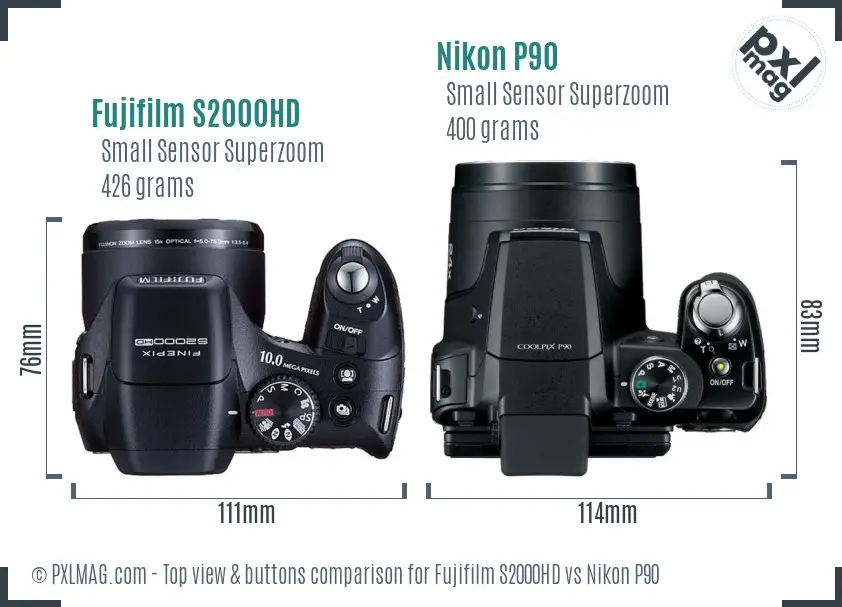 Fujifilm S2000HD vs Nikon P90 top view buttons comparison