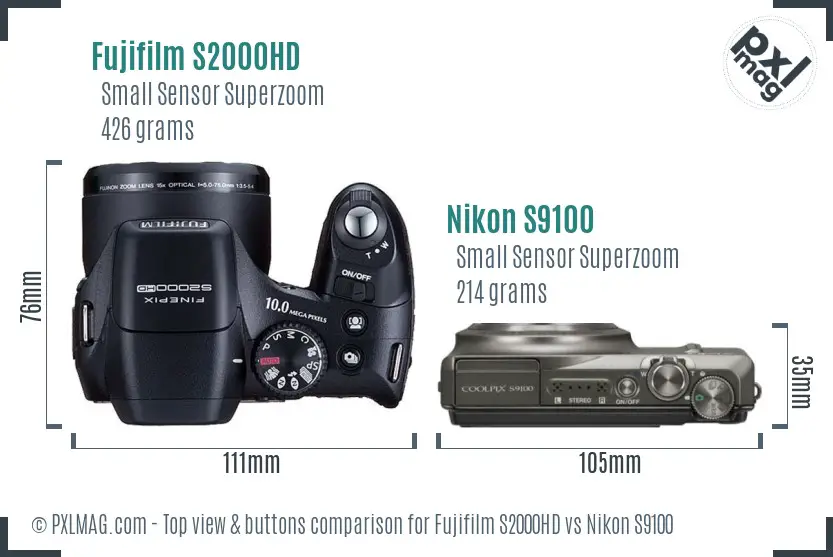 Fujifilm S2000HD vs Nikon S9100 top view buttons comparison