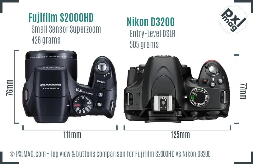 Fujifilm S2000HD vs Nikon D3200 top view buttons comparison