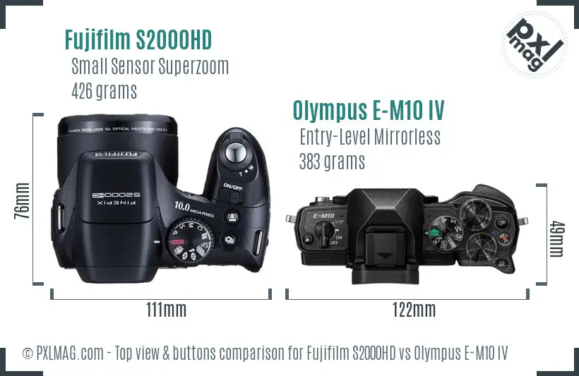 Fujifilm S2000HD vs Olympus E-M10 IV top view buttons comparison