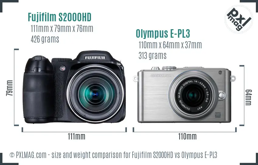 Fujifilm S2000HD vs Olympus E-PL3 size comparison