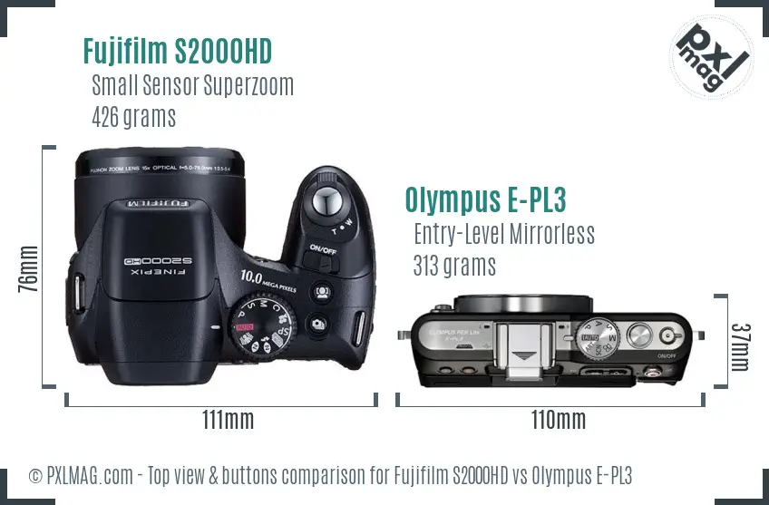 Fujifilm S2000HD vs Olympus E-PL3 top view buttons comparison