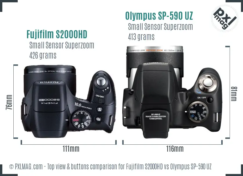 Fujifilm S2000HD vs Olympus SP-590 UZ top view buttons comparison Fujifilm S2000HD vs Olympus SP-590 UZ top view buttons comparison