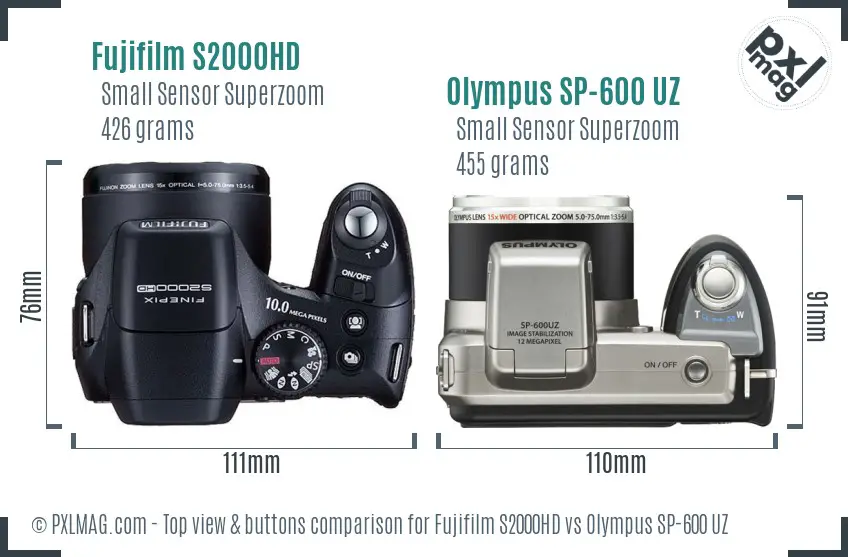 Fujifilm S2000HD vs Olympus SP-600 UZ top view buttons comparison