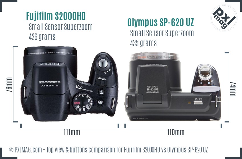 Fujifilm S2000HD vs Olympus SP-620 UZ top view buttons comparison