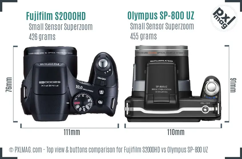 Fujifilm S2000HD vs Olympus SP-800 UZ top view buttons comparison