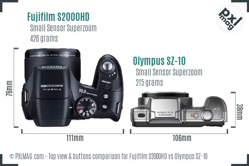 Fujifilm S2000HD vs Olympus SZ-10 top view buttons comparison