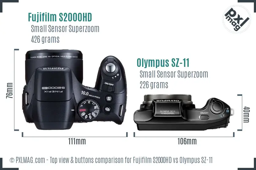 Fujifilm S2000HD vs Olympus SZ-11 top view buttons comparison