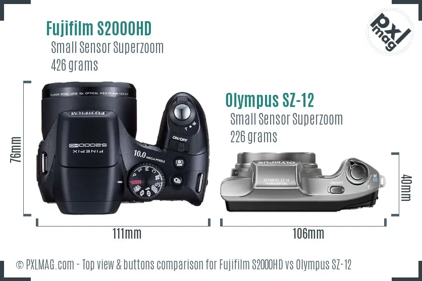 Fujifilm S2000HD vs Olympus SZ-12 top view buttons comparison Fujifilm S2000HD vs Olympus SZ-12 top view buttons comparison