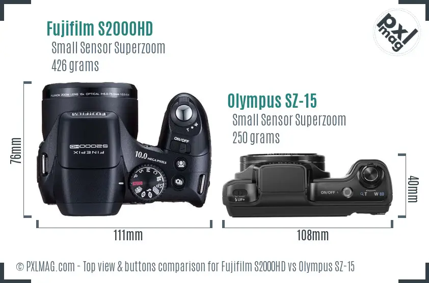 Fujifilm S2000HD vs Olympus SZ-15 top view buttons comparison