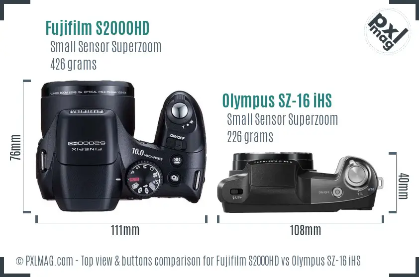Fujifilm S2000HD vs Olympus SZ-16 iHS top view buttons comparison Fujifilm S2000HD vs Olympus SZ-16 iHS top view buttons comparison