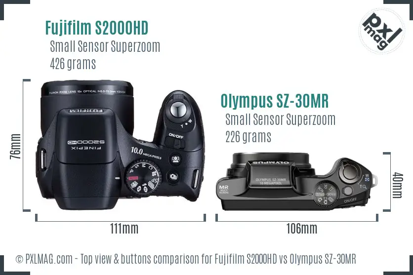 Fujifilm S2000HD vs Olympus SZ-30MR top view buttons comparison