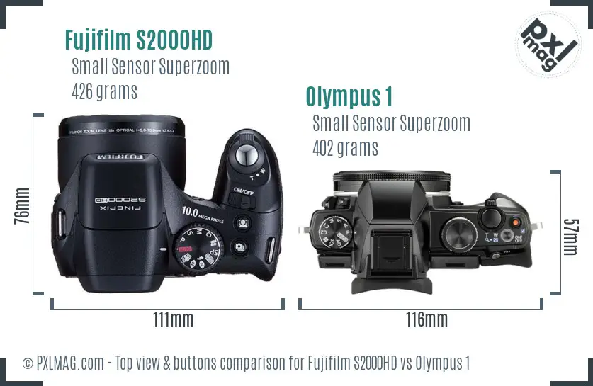 Fujifilm S2000HD vs Olympus 1 top view buttons comparison