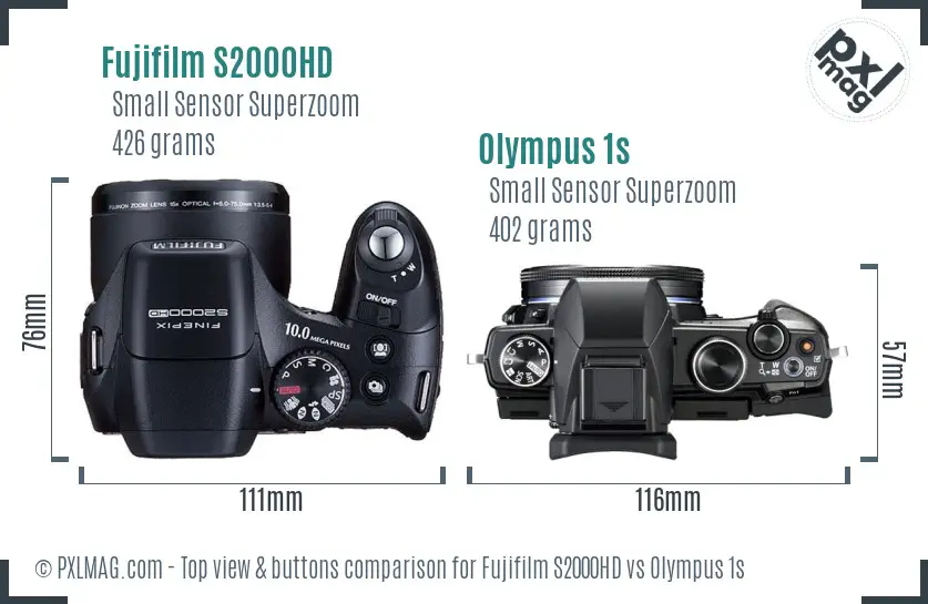 Fujifilm S2000HD vs Olympus 1s top view buttons comparison