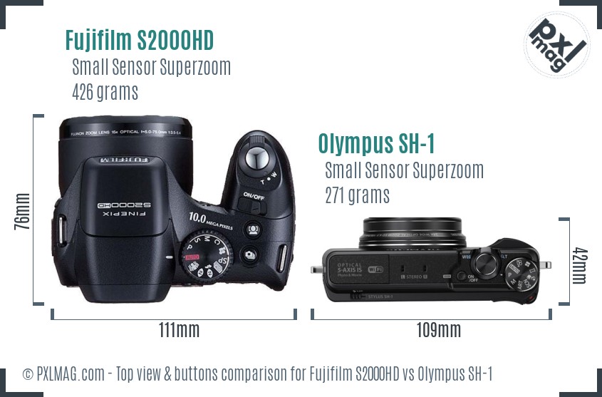 Fujifilm S2000HD vs Olympus SH-1 top view buttons comparison