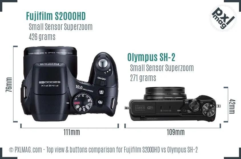 Fujifilm S2000HD vs Olympus SH-2 top view buttons comparison