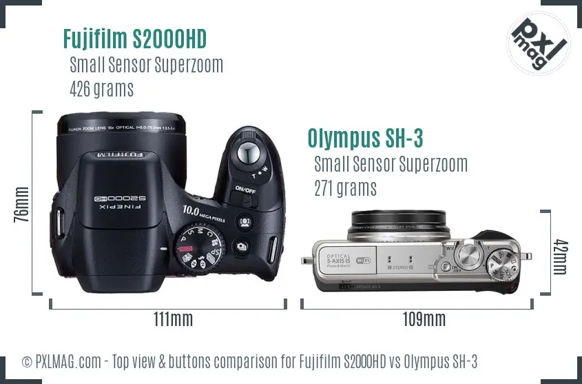 Fujifilm S2000HD vs Olympus SH-3 top view buttons comparison