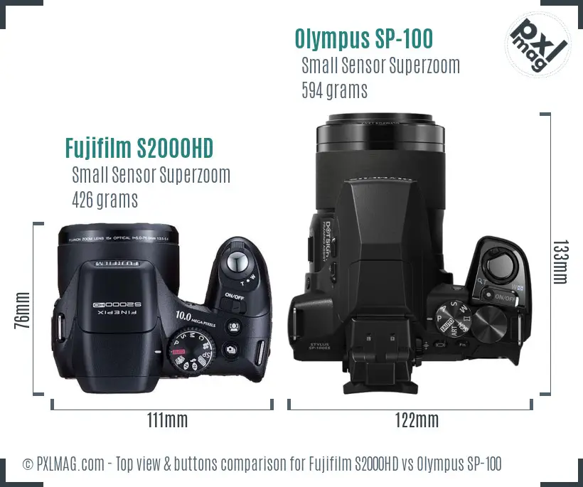 Fujifilm S2000HD vs Olympus SP-100 top view buttons comparison