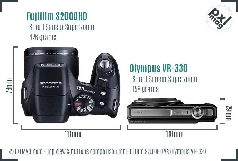 Fujifilm S2000HD vs Olympus VR-330 top view buttons comparison Fujifilm S2000HD vs Olympus VR-330 top view buttons comparison