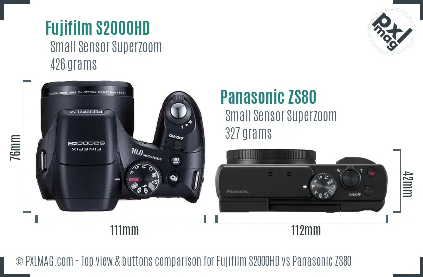 Fujifilm S2000HD vs Panasonic ZS80 top view buttons comparison