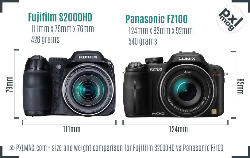 Fujifilm S2000HD vs Panasonic FZ100 size comparison