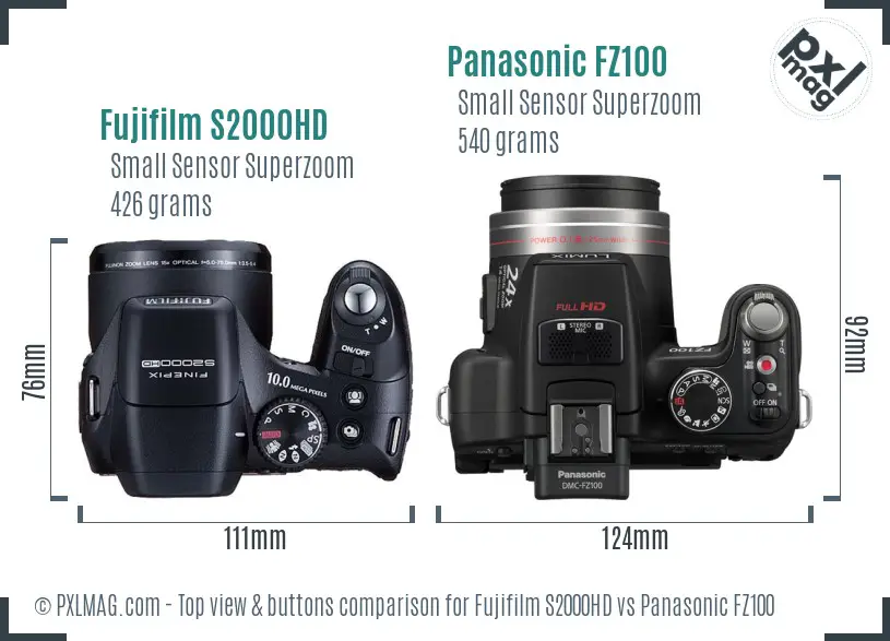 Fujifilm S2000HD vs Panasonic FZ100 top view buttons comparison