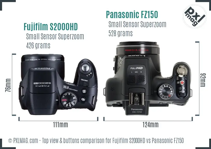 Fujifilm S2000HD vs Panasonic FZ150 top view buttons comparison