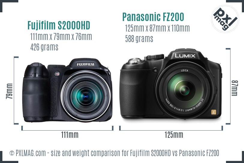 Fujifilm S2000HD vs Panasonic FZ200 size comparison