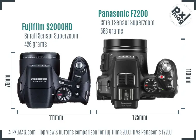 Fujifilm S2000HD vs Panasonic FZ200 top view buttons comparison