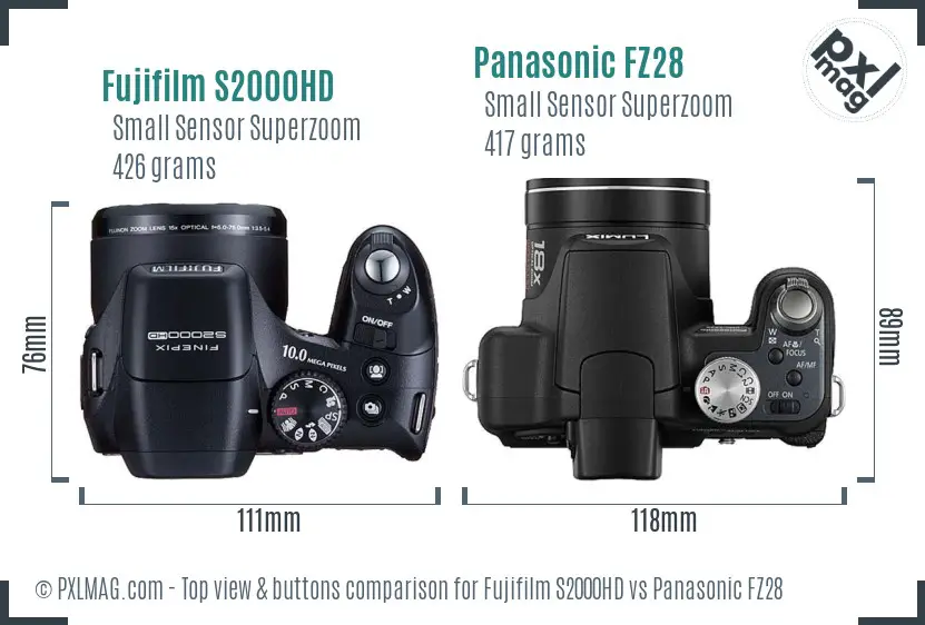 Fujifilm S2000HD vs Panasonic FZ28 top view buttons comparison