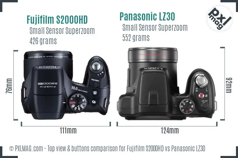 Fujifilm S2000HD vs Panasonic LZ30 top view buttons comparison